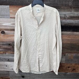 Zara Woman Beige Boho Button Down Long‎ Sleeve 100% Cotton Shirt EUC XXL